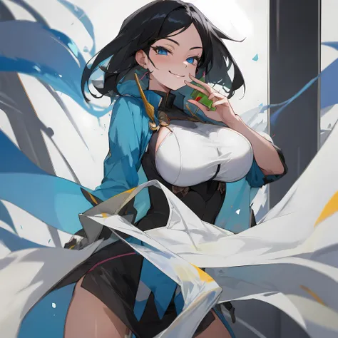 holding panties, smirk, juice stain:1.2), big breasts, 1girl, black hair, white panties, sfw