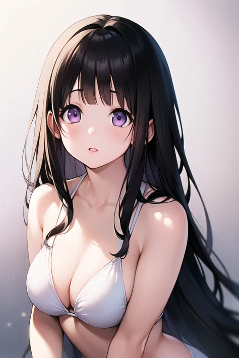 a superb exquisite chitanda eru, purple eyes, black hair, natural straight hair, straight bangs, summer background, extremely de...