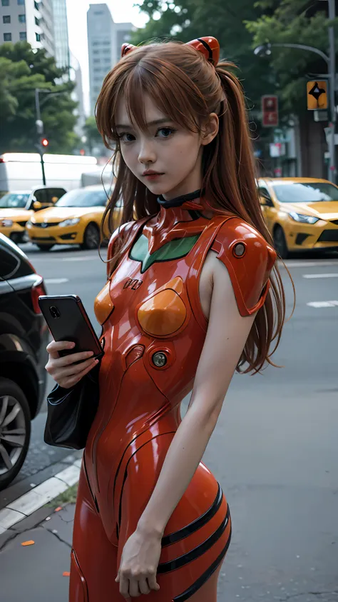 asuka langley evangelion, a stunning woman, confidently using her phone on a vibrant city street in trendy attire.