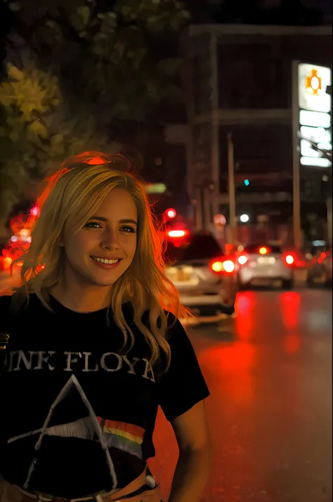 masterpiece, an incredibly detailed american blonde woman modeling in lingerie by the side of the road at night, street photo, t...