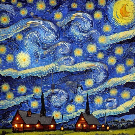 in this ai-generated image inspired by van gogh's style, a vibrant starry night sky illuminates a countryside scene with bold br...