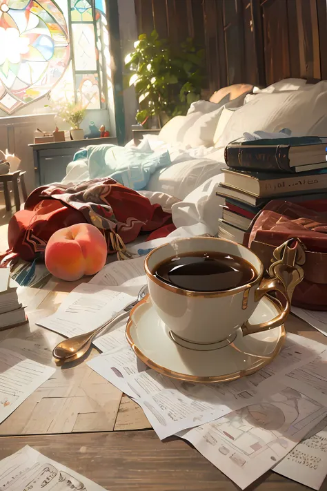 art by cornflower, cup of coffee, cookies and peaches, books, paper, wooden table, dreamy, soft light, dreamy, cozy home, lazy m...