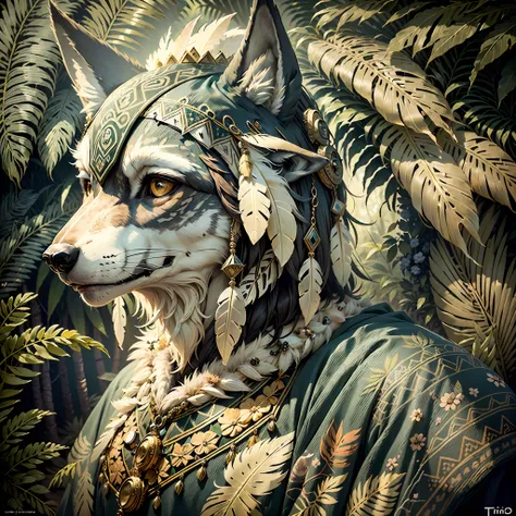 wolf ((indigenous style)),,((meditative state),,((wolf head)), elegant, hair with details, with indian headdress on head, many c...