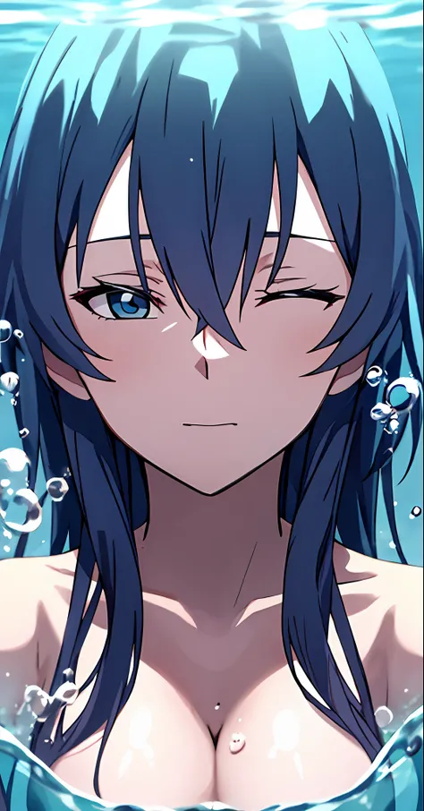 Upper body, large breasts, portrait, close up, breasts half inside water, inside jacuzzi, from front, facing viewer, hands on top of breasts, breasts underwater, steam, steaming hot water, bubbles on water, blurred breasts, slightly open eyes, head tilted ...