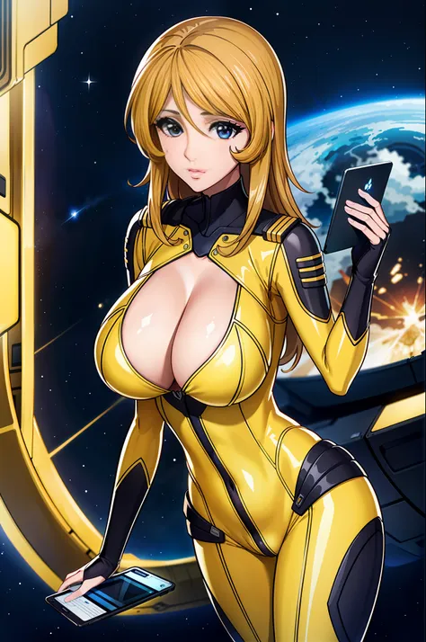 8k, 1girl,space ship,bodysuit,cleavage, night,galaxy, space, huge breasts, holding laptop, looking at viewer, , solo focus, cowb...