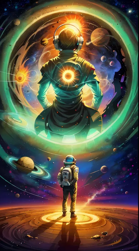 a man standing in front of a space portal with a view of the sun, cyril rolando and goro fujita, portal to another universe, ins...