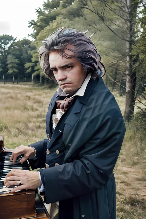 a realistic photo of a man with a messy hair style, wearing 1801 suit, ((playing a grand piano)), detailed face, perfect eyes, (...