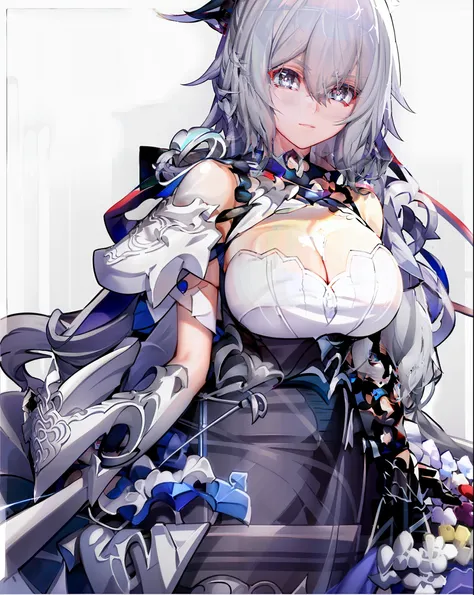 best quality,highly detailed,masterpiece,ultra-detailed,solo,1girl,(white background:1.5),(Delicate eyes), bronya_zaychik,gloves, breasts,crossed_bangs, grey_eyes, hair_between_eyes, silver_hair,symbol-shaped_pupils, cleavage, jacket, long_hair,large_breas...