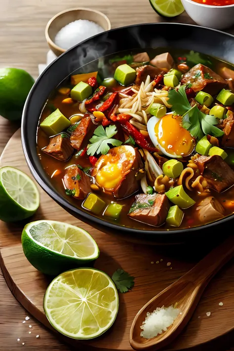 bowl of rawon with meat and salt egg and chili sauce on wooden table with lime, hot steam, photography, realistic,