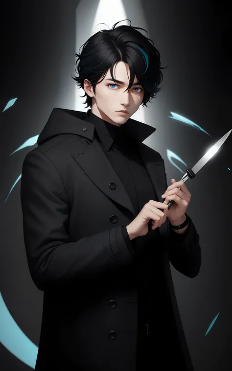 man wearing black cacharrel, holding a scalpel, black social hair with white locks, two-colored eyes, fighting, blue aura all ar...