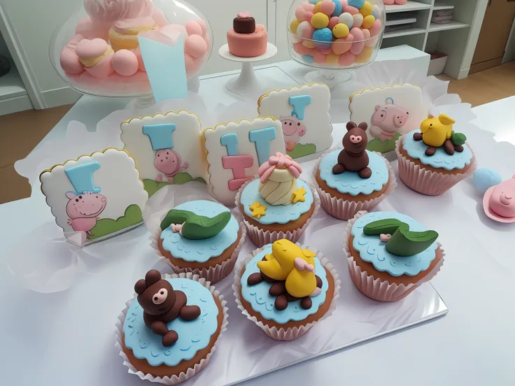 there are cupcakes with different designs on a table, peppa pig, peppa pig, yummy, shaped cake, added details, cakes, birthday, ...