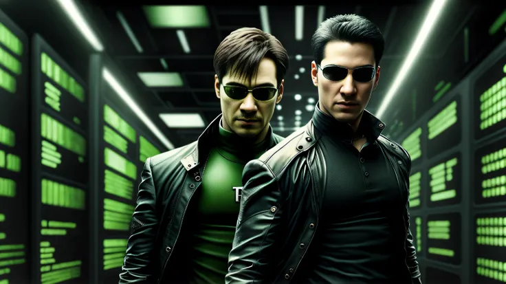 White man, full body, sunglasses, leather overcoats, firearms, fleeing the matrix.