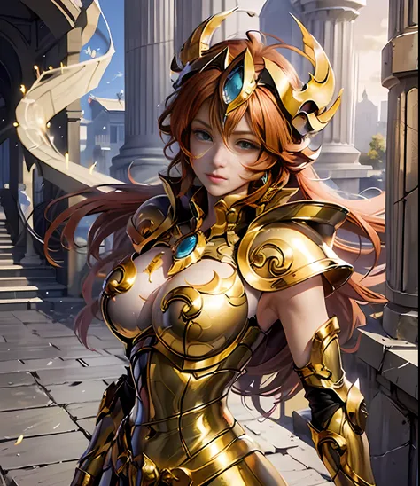 (masterpiece), (best quality), (1girl), redhead girl in golden armor, walking, sanctuary of athena, saint seiya armor, messy hai...