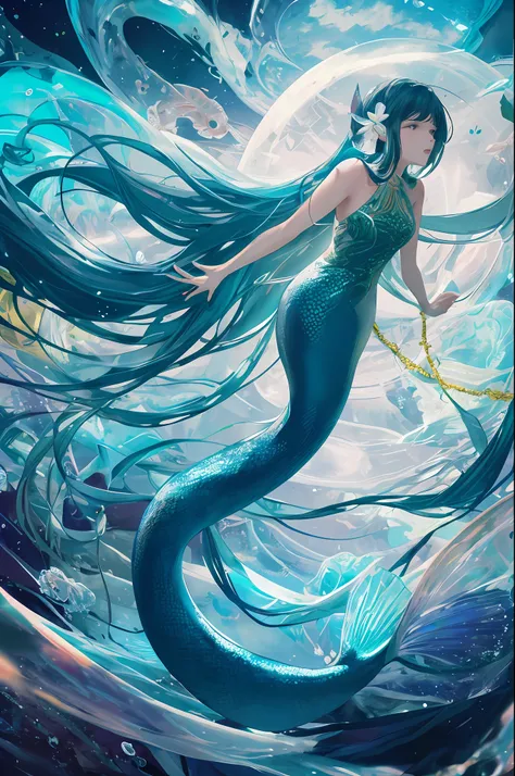 A mermaid, ultra long hair, under the ocean, far shot, wide shot, full body, singing, abstract, ray tracing, lots of fish, jellyfish, octopus, special effect, volumetric lighting, side lighting, dust in the air, glittering, intricate pattern, intricate des...