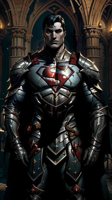 victorian cathedral, superman (dc comics) wearing black medieval armor, long black cape on the back, fanciful art, greg rutkowsk...