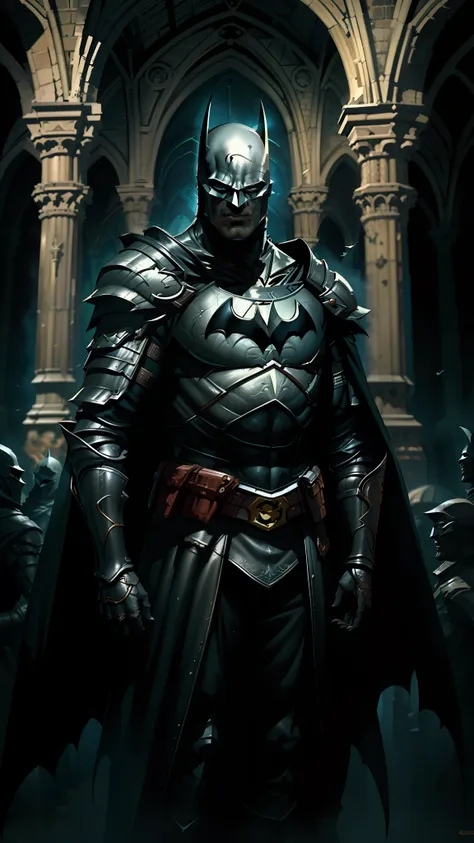 victorian cathedral, batman (dc comics) wearing black medieval armor, long black cape on the back, fanciful art, greg rutkowski ...