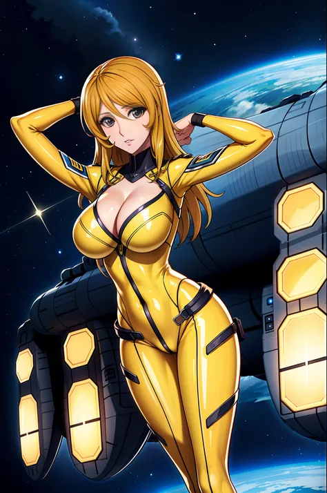 8k, 1girl, spaceship, bodysuit, cleavage, night, galaxy, space, huge breasts, arms behind head, viewer watch, solo focus, cowboy...