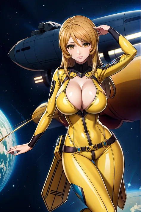 8k, 1girl, spaceship, bodysuit, cleavage, night, galaxy, space, huge breasts, arms behind the head, viewer watch, , solo focus, ...