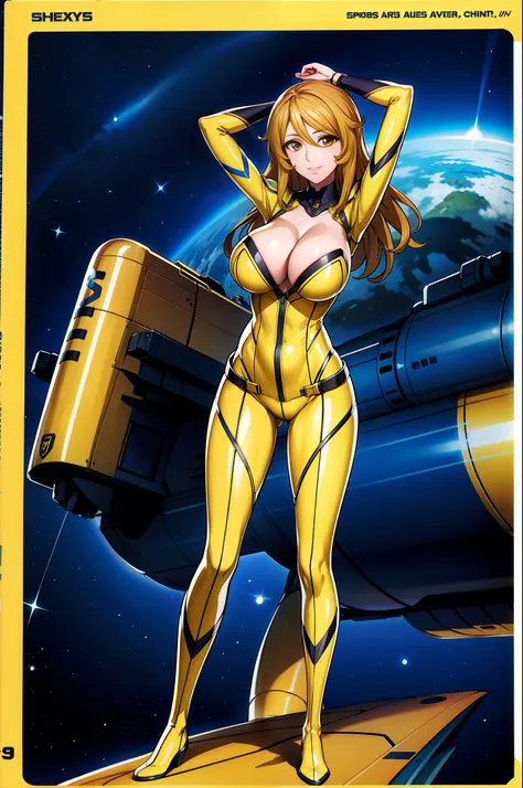 8K, 1girl, spaceship, bodysuit, cleavage, night, galaxy, space, huge breasts, arms behind the head, viewer watch, , solo focus, cowboy shot, (masterpiece: 1.4), (best quality: 1.4), (shiny skin), steamed body, M-shaped open legs, high leg, bare feet, yello...
