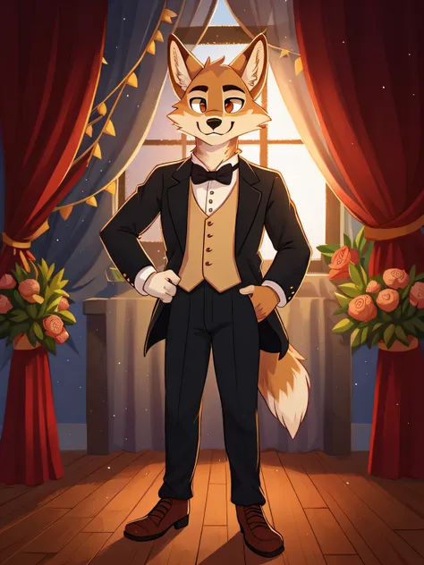 bright eyes, panorama, character focus solo, furry, furry wolf, male fur, formal wear, young style, height one meter seven, hand...