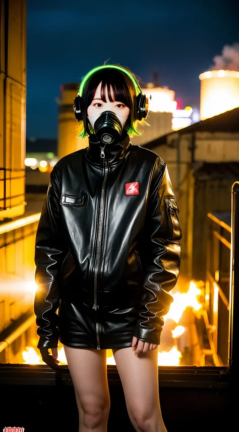 Background of nuclear power plant, terrorist group, fluorescent headgear, short hair, green hair, flamethrower, middle school student, 14 years old, gas mask, high socks, rooftop at night, huge background is neon sign, leather gloves, background city is bu...