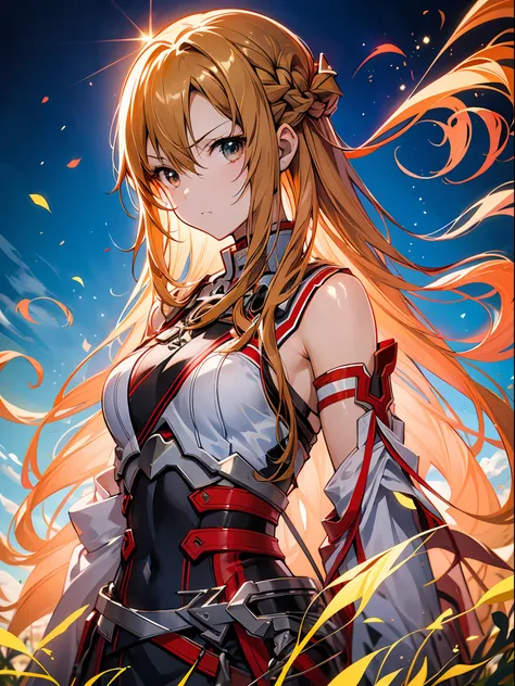 anime girl with long hair and sword in field with sky background, asuna yuuki, asuna from sao, epic light novel art cover, detai...