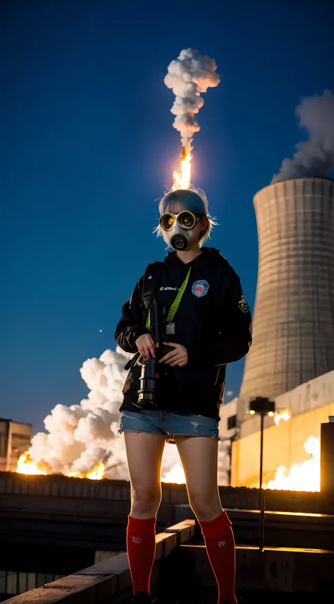Riot, nuclear power plant on background, terrorist group, fluorescent headgear, short hair, blue hair, firing from flamethrower, middle school girl, 14 years old, gas mask, high socks, rooftop at night, city on the background is burning