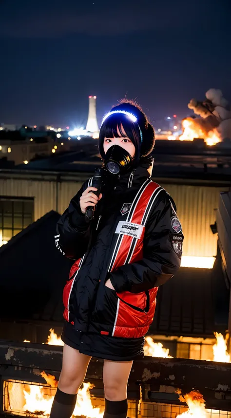 Riot, nuclear power plant on background, terrorist group, fluorescent headgear, short hair, blue hair, firing from flamethrower, middle school girl, 14 years old, gas mask, high socks, rooftop at night, city on the background is burning