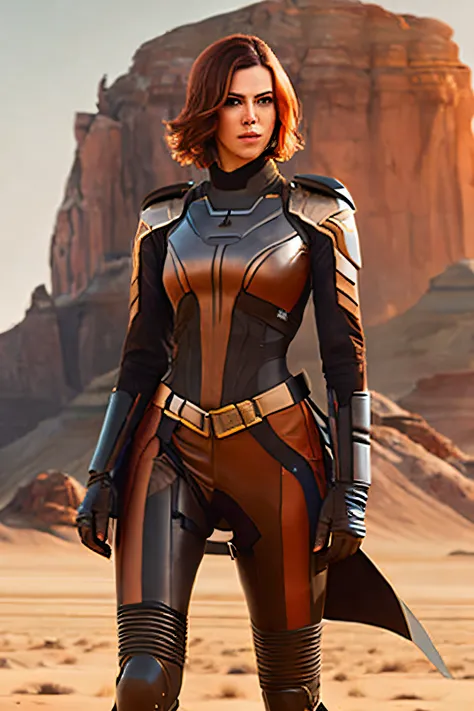 a woman in a brown outfit standing in front of a desert, jaina solo, female jedi, biblical female android, sci-fi female, blunt ...