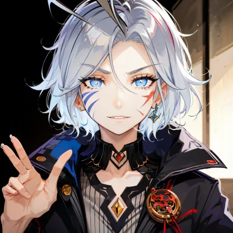 A man, striped hair, short hair, silver hair, antenna hair, face painting, scars on eyes, mismatched pupils, blue eyes, devil pupils, high detail, futuristic, anime, depth of field, shadow, masterpiece