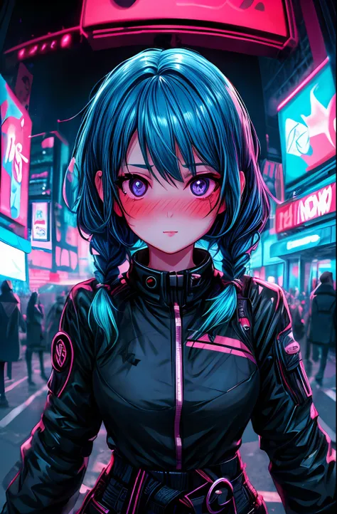 1girl,creative hair,rainbow hair,city streets,fisheye,neon cold lighting, cyberpunk, blush, waist shot,detailed face details,dyn...