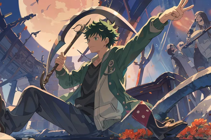 " izuku midoriya as the reaper dressed in the garb of a plague doctor, wielding a scythe in a graveyard under the crimson moonli...