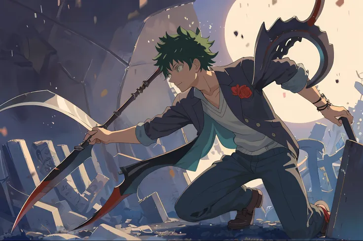 " izuku midoriya as the reaper dressed in the garb of a plague doctor, wielding a scythe in a graveyard under the crimson moonli...