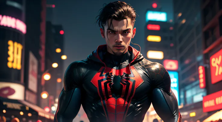 llluanggg, wearing a black spider-man outfit without a mask, outfit with dark tones and vibrant red details, cyberpunk, 8K --auto