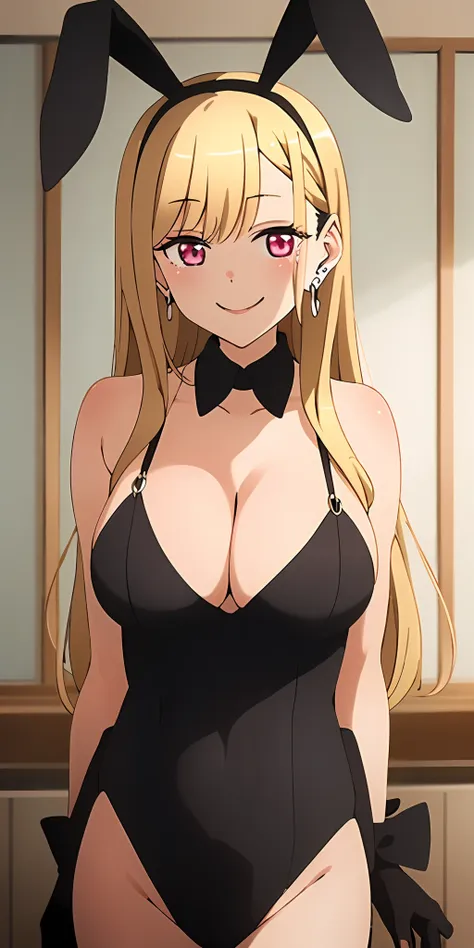 (best quality:1.3), kitagawa, blonde hair, earrings, large breasts, black bunnysuit, bunny ears sexy, smiling, (pov)