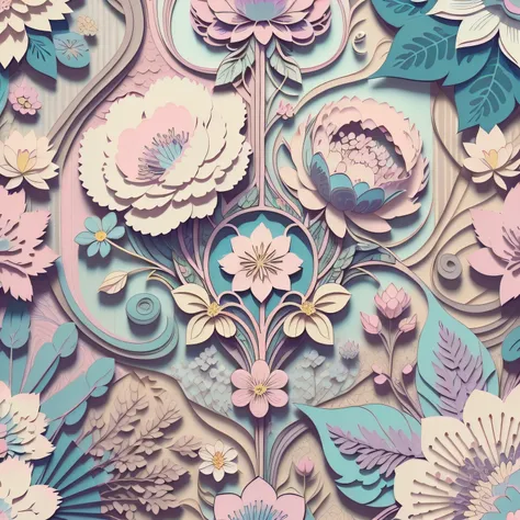 flat style wallpaper, vector style floral vine pattern with pastel color tones including old pink, pastel blue, light blue, beig...