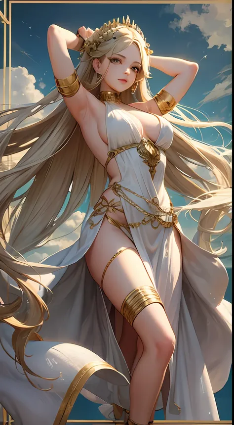 ((masterpiece)), (beat quality), a mature female, goddess, flirtatious, white greek peplos, golden hair, very long hair, shining green eyes, bare shoulder, flowing clothes, full body, tall legs, thighs, arms up, lips, light smile, [expressionless], perfect...