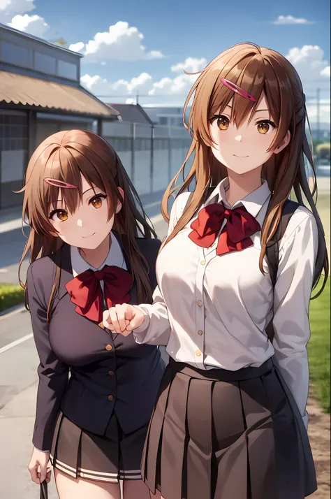 masterpiece, (best quality), 2women, 2girls, twin sisters, brown hair, long hair, brown eyes,icho private high school unfirom, school uniform, sweater,medium breasts,hair ornament ,sexy woman,smile, hair between eyes, long sleeves,closed clothes, embarras...
