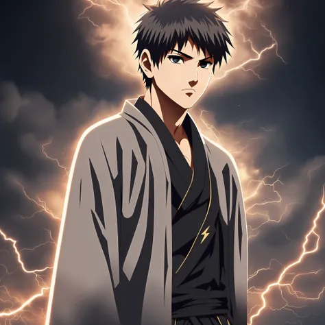 1boy, grey kimono with blood, short black hair, short blonde hair, black eyes, looking forward, front, dark background, clean de...