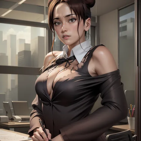 Tenten working in an office building , formal office dress , masterpiece , best quality , black tie , breasts , disappointed