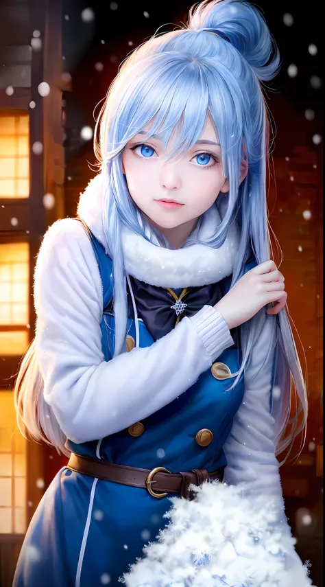 (raw photo:1.2), (photorealistic:1.4), (best quality:1.4), (ultra highres:1.2), (highly detailed:1.3), (HDR:1.2), (cinematic lighting:1.3), (detailed eyes), (facial details), (skin details), blue eyes, long hair, light blue hair,(snowy:1.2). ), cute fox (a...