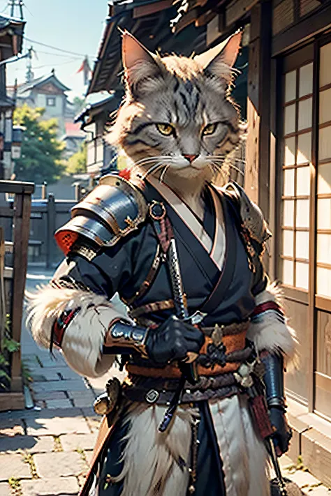 c4ttitude, samurai, watchful, almond-shaped eyes, furrowed brow, sleek fur, warrior, disciplined, focused, armored kimono, guard...