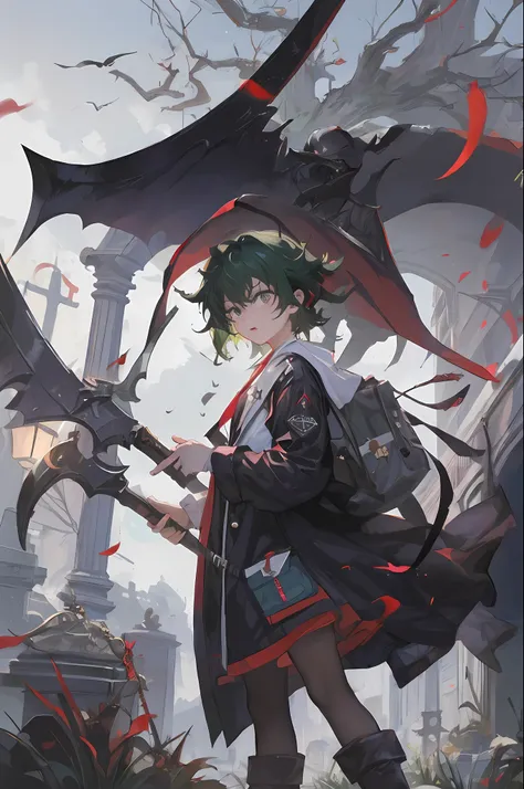 "izuku_midoriya_as_the_grim_reaper dressed_in_plague_doctors_clothes wielding_a_scythe in_a_cemetery under_the_crimson_moonlight"