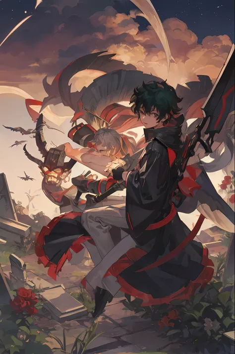"izuku_midoriya_as_the_grim_reaper dressed_in_plague_doctors_clothes wielding_a_scythe in_a_cemetery under_the_crimson_moonlight"