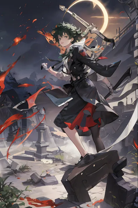 "izuku_midoriya_as_the_grim_reaper dressed_in_plague_doctors_clothes wielding_a_scythe in_a_cemetery under_the_crimson_moonlight"
