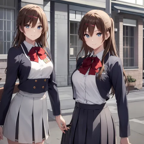 masterpiece, (best quality), 2women, 2girls, identical sisters, clones, brown hair, long hair, curly hair, matching hairstyles, hazel eyes, private high school uniform, school uniform, medium breasts, matching outfits, sexy woman, smile, hair between eyes...