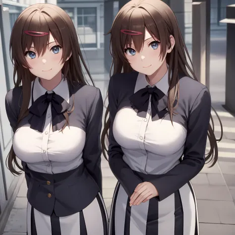 masterpiece, (best quality), 2women, 2girls, identical sisters, clones, brown hair, long hair, curly hair, matching hairstyles, hazel eyes, private high school uniform, school uniform, medium breasts, matching outfits, sexy woman, smile, hair between eyes...