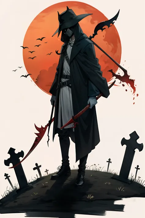 masterpiece, colorful ink painting, Izuku Midoriya as the Grim Reaper dressed in plague doctors clothes wielding a scythe in a cemetery under the crimson moonlight.