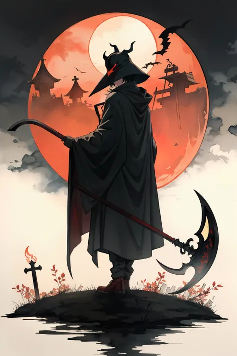 masterpiece, colorful ink painting, Izuku Midoriya as the Grim Reaper dressed in plague doctors clothes wielding a scythe in a cemetery under the crimson moonlight.