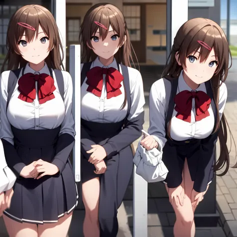 masterpiece, (best quality), 3women, 3girls, triplets, identical sisters, clones, brown hair, long hair, curly hair, matching hairstyles, hazel eyes, private high school uniform, school uniform, medium breasts, matching outfits, sexy woman, smile, hair be...